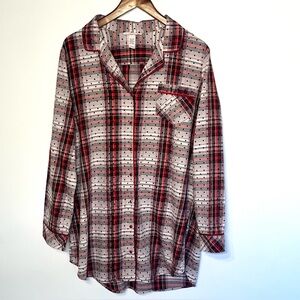 Victoria’s Secret plaid flannel sleep shirt, polka dots, button front collared L